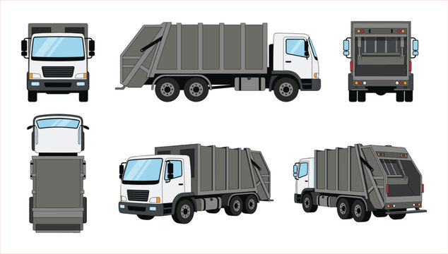 Multiple Views of a Modern Garbage Truck: Front, Side, Top, and Rear Perspectives