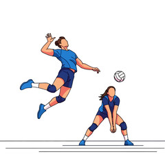 Naklejka premium Volleyball players in action: one jumping to spike, the other in defensive stance