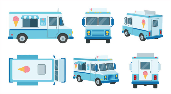Light Blue and White Dessert Van Illustrated in Multiple Angles, Featuring Ice Cream Cone Graphics
