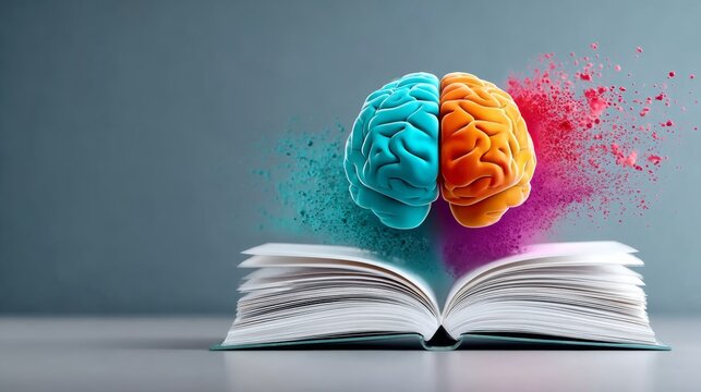 An open book releases vibrant, colorful brains. Left side blue, right side orange. Pink and purple particles explode outward. Idea represents learning, creativity, or knowledge expansion