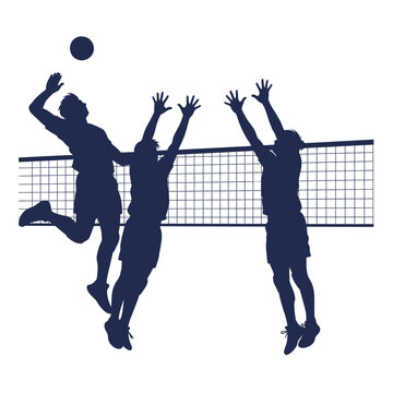 Volleyball players jumping and spiking the ball over the net, action silhouette