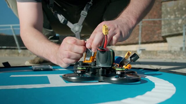 Hands of a pilot connecting a yellow battery plug to a racing drone placed on a blue landing pad during pre-flight preparation.