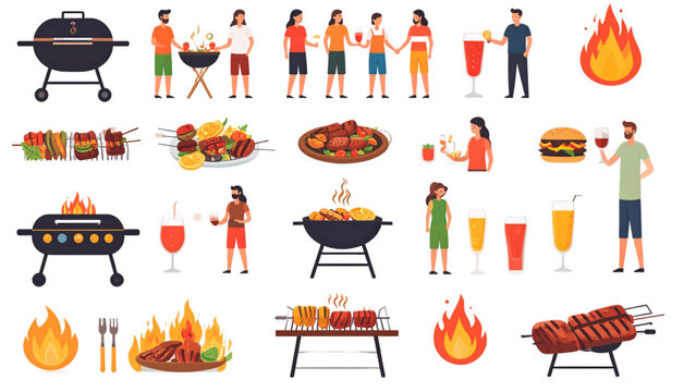 Barbecue, Grilling, and Cookout Icon Set: A comprehensive, colorful collection of flat vector symbols representing various grilling tools, food items, fire, and beverages