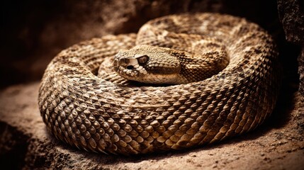 Fototapeta premium Fierce Viper Coiled on a Rocky Ledge, Displaying Intricate Scaly Skin Texture