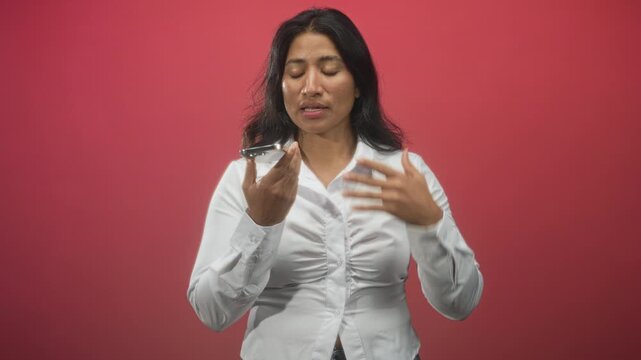 Woman holding smartphone and gesturing with open hand in studio red backdrop, speaking into device while looking puzzled; technical frustration.