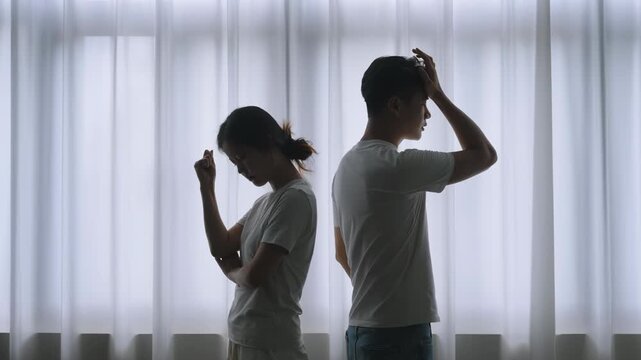 Unhappy couples man woman battle fighting, having argue, blaming, insulting, back to back in pain, giving each other the silent treatment, domestic violence abused and relationship problems concept