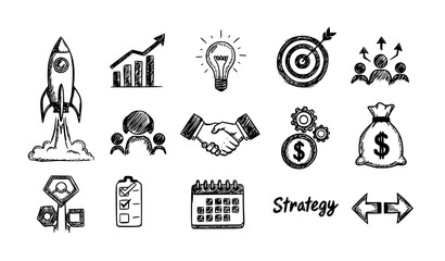 Fototapeta premium Hand drawn business sketch icon set with startup growth strategy teamwork and finance doodle elements isolated on white
