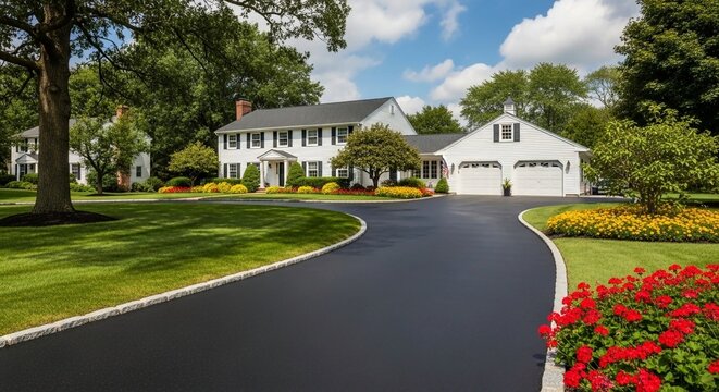 A Freshly applied black sealcoat glistens on a newly restored asphalt driveway.freshly sealed black asphalt driveway curves toward a white suburban house with a two-car garage and a manicured green la