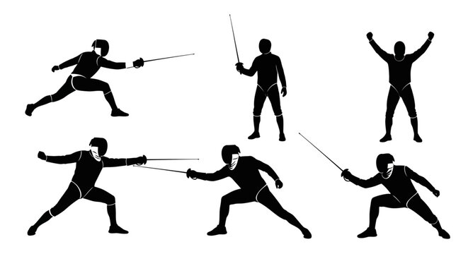 Fencing Silhouette Set: Athletes in Action Poses, Sword Fighting, Sport Competition