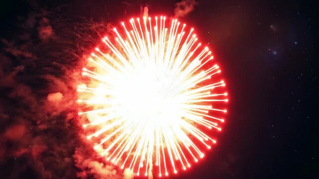 Bright red and yellow spherical firework exploding with bright light trails against a dark starry sky