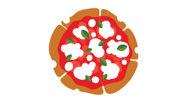 A flat illustration of a pizza from a top-down view. The red sauce base is topped with white cheese and green leaves. The crust is brown