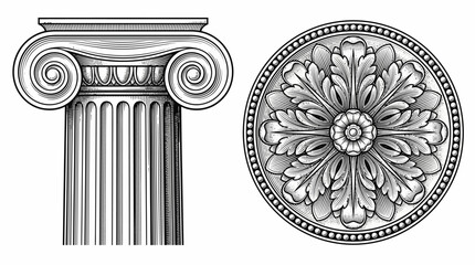 Obraz premium Detailed illustration of classical architectural elements, featuring an Ionic column capital and an ornate decorative rosette
