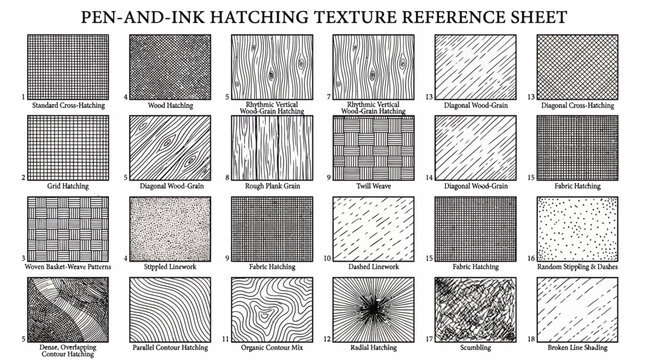 Pen and ink hatching texture reference sheet for artists and designers