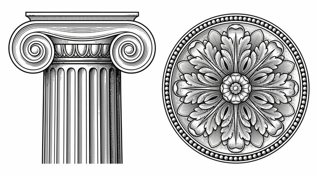 Detailed illustration of classical architectural elements, featuring an Ionic column capital and an ornate decorative rosette