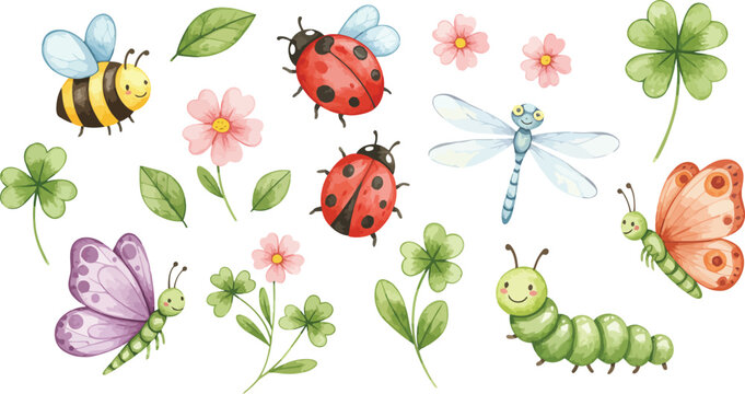 Whimsical illustration of garden insects and flowers with butterflies and ladybugs