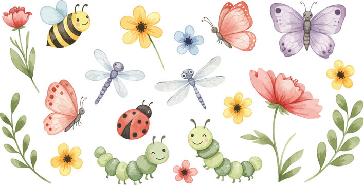 Watercolor illustration of garden insects and flowers with ladybug butterfly dragonfly bee caterpillar