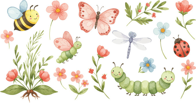 Whimsical illustration of garden insects and flowers with butterfly bee ladybug