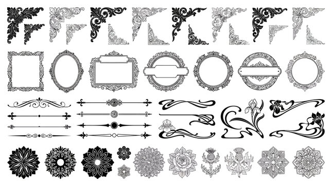 Collection of decorative flourishes, borders, and ornaments for design and embellishment