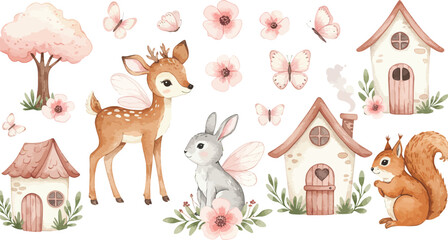 Fototapeta premium Whimsical forest animals and houses in a soft watercolor illustration with trees and flowers