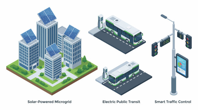 Sustainable Smart City Infrastructure Isometric Set Solar Power, Electric Transit, and Intelligent Traffic Management