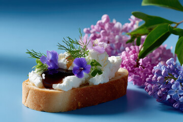 Gourmet bruschetta toast with creamy ricotta, balsamic glaze, fresh dill, viola flowers, and lilac blossoms
