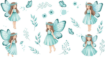 Fototapeta premium Whimsical illustration of multiple fairies in mint green dresses and flowers
