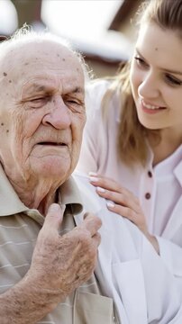 Elderly man having Ischemic or Hemorrhagic stroke symptoms, supported by a kind caregiver. This medical emergency shows minor stroke or transient ischemic attack, reflecting brain trauma.