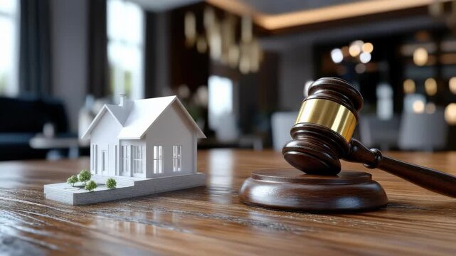 Judicial authority, conveyed by a traditional wooden hammer and block, placed beside a clean model residence, symbolizing essential property sales and legal housing decisions.