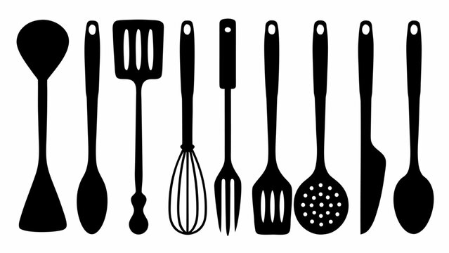 Kitchen utensil icons set including spoons spatulas whisks and forks on white background for cooking and recipe design