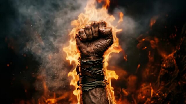 Powerful clenched fist raised amidst roaring flames and smoke, symbol of strength and determination