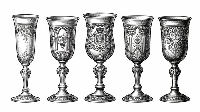 Collection of Intricately Designed Historical Goblets and Chalices, Showcasing Elegant Vintage Craftsmanship and Artistic Detail