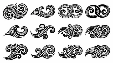 Collection of stylized tribal wave patterns and traditional Polynesian style decorative elements for design © Dileesha