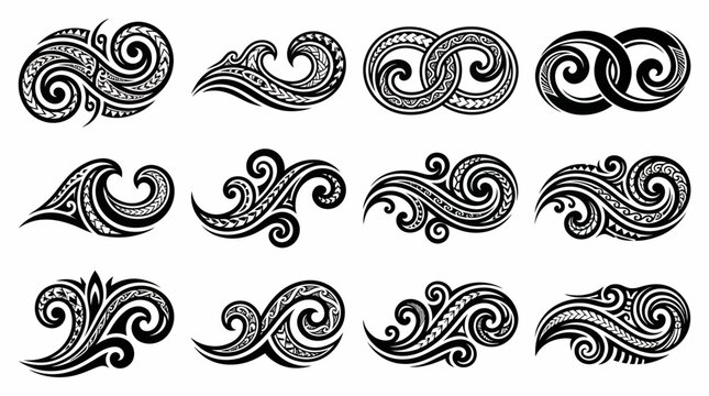 Collection of stylized tribal wave patterns and traditional Polynesian style decorative elements for design