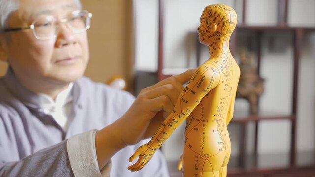 Traditional oriental medicine practitioner acupuncturist showing points on acupuncture model of human body to patient at traditional chinese medicine clinic on calm earthy toned background