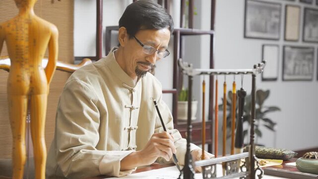 Herbalist apothecary oriental practitioner medicine doctor, observes quality of medicinal herb, spices herbal, writes ingredients prescriptions for treatment surrounded by natural medicines