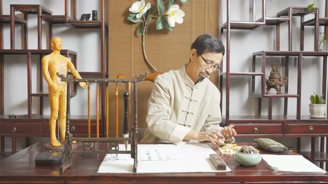 Ancient Wisdom: An elderly herbalist apothecary medicine doctor, observes quality of medicinal herb, spices herbal, writes ingredients prescriptions for treatment surrounded by natural medicines