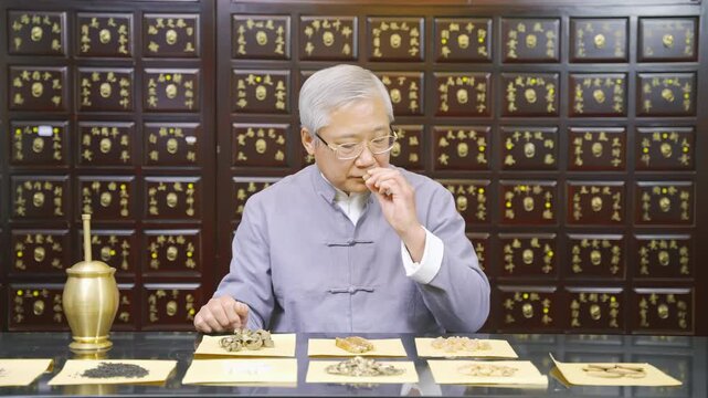 Traditional oriental medicine practitioner smells observes quality of medicinal herb, spices herbal fill with ingredients prescription for treatment surrounded by natural medicines, spicy traditional