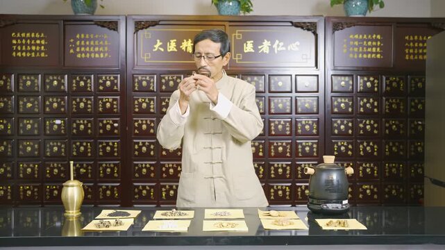 Traditional oriental medicine man smells observes quality of medicinal herb, spices herbal medicine fill with ingredients prescription for treatment surrounded by natural medicines, spicy traditional