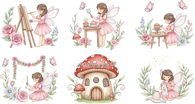 Whimsical fairy girl illustrations in garden with flowers and mushroom house