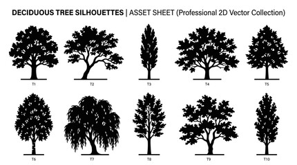 Fototapeta premium Collection of Diverse Deciduous Tree Silhouettes in Vector Format for Design
