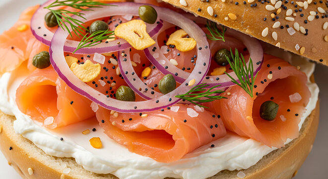 Classic New York style bagel and lox sandwich with cream cheese, capers, and red onion