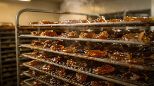 Medium shot of gum resin drying trays in a warm environment showcasing glossy semisolid resin pieces on stacked racks with gentle steam rising.