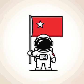 A cartoon astronaut proudly stands with a red flag, a white star on it. The image is on a textured cream-colored background