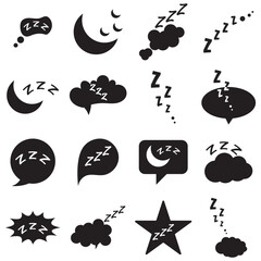 Sleep doodle icons zzz symbols collection. Hand drawn sleep themed doodles featuring Zzz symbols, speech bubbles, clouds, and moon icons representing dreaming, rest, and night time concepts.