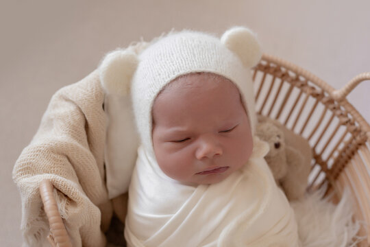 Sleeping newborn baby. Healthy and medical concept. Healthy child, concept of hospital and happy motherhood. Infant baby. Happy pregnancy and childbirth. Children's theme. Baby and childen's goods