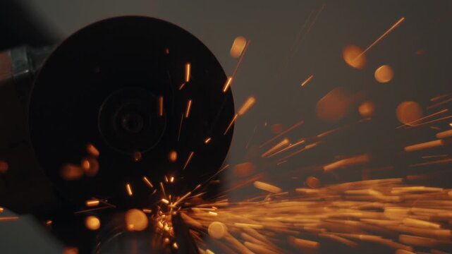 Angle grinder cutting metal pipe with sparks flying close up, slow motion detailed shot
