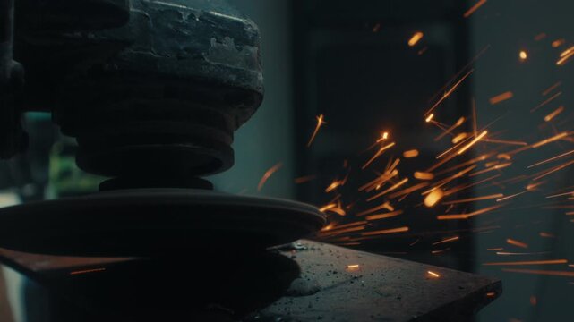 Bench grinder sharpening metal piece with sparks in workshop, medium closeup, real time