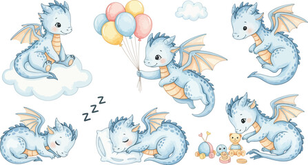 Fototapeta premium A group of adorable blue dragons in various poses with balloons and clouds