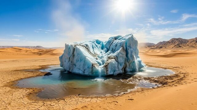 Melting iceberg emerges from desert landscape under bright sun