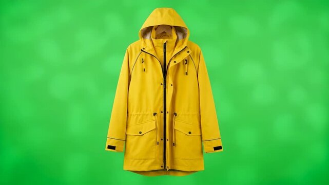 Bright yellow hooded rain jacket with black zippers and pockets isolated on green screen